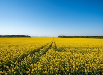 Obraz premium Yellow rapeseed field with tracks leading into the horizon.