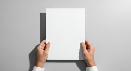 Obraz premium Top view of businessman hands present a crisp blank white sheet of paper, ready for your custom text or design, perfect for professional mockups, document presentations on a neutral background.