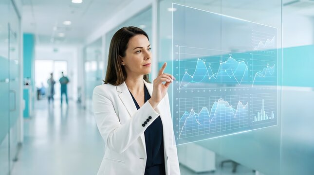 Data Analytics and Healthcare Technology Demonstration Professional Woman Analyzing Complex Financial Charts and Medical Data on Interactive Holographic Display in Modern Hospital Setting