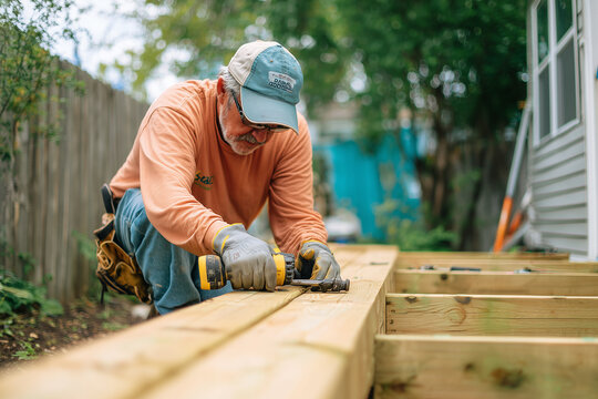 Man working on deck installation in backyard area with wooden planks