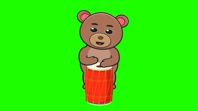 Cute Animated Brown Bear Playing Hand Drum, Funny Percussionist Animal Mascot on Green Screen Background for Kids Entertainment