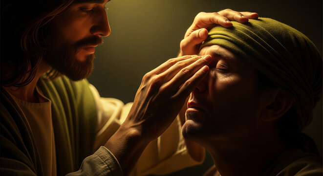 Jesus Christ healing a blind man by touching his eyes with his hand. Divine miracle depicted in a biblical scene. Spiritual gospel narrative conveying compassion, faith and divine mercy.