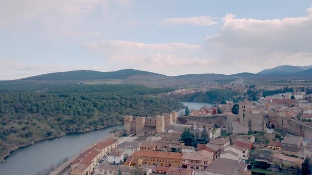 Buitrago de Lozoya aerial drone view from historic Spanish cityscape near Madrid. Local tourism