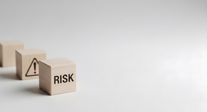 Wooden blocks displaying warning sign and risk concept on plain surface