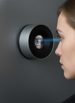 Woman undergoing biometric iris scan for security identification. High tech eye recognition system on a gray wall. Digital identity and surveillance concept