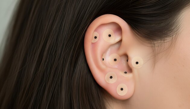 Close-up of a woman's ear with acupuncture ear seeds for acupressure therapy