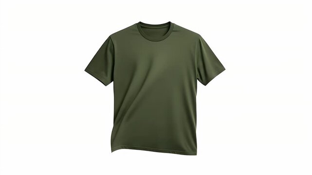Simple short sleeved olive green crew neck t shirt made from technical moisture wicking fabric isolated on white background.
