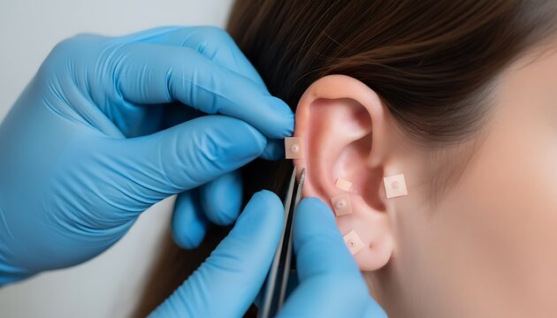 Auriculotherapy with mustard seeds. Traditional Chinese Medicine