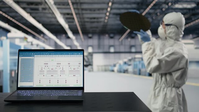 EDA software on laptop used by technician in semiconductor factory to automate systems. Tech specialist uses SoC architecture design program on notebook in microchip industrial plant, camera A closeup