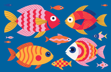 Fototapeta premium Colorful Tropical Fish Illustration Flat Vector on Dark Background, Marine Life Design for Ocean Theme and Aquarium Projects