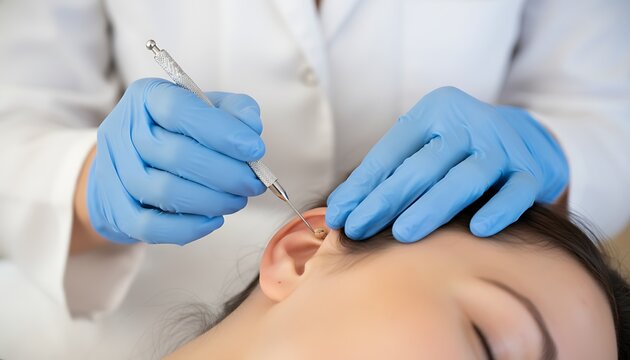 Professional cleaning earwax removal with specialized tool by gloved hands