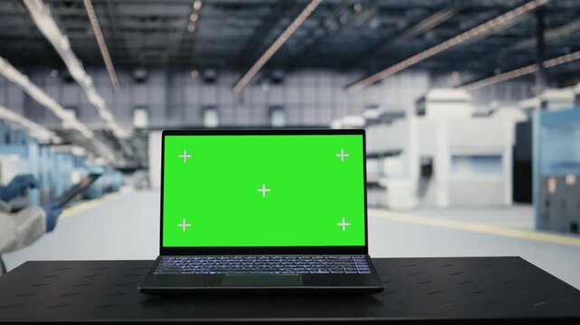 Isolated screen laptop in empty semiconductor production plant facility used to do maintenance on machinery. Chroma key notebook in microchip factory used to check PCB parts manufacturing, camera A
