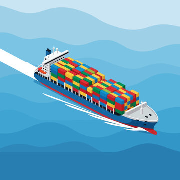Cargo Ship Carrying Colorful Containers Sailing on the Ocean.