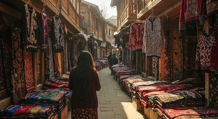 Obraz premium Woman walking through market stalls.