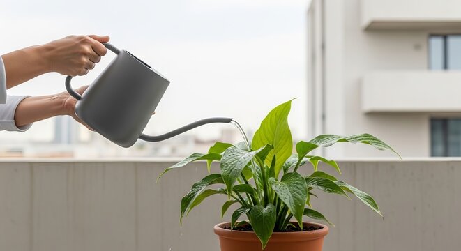 Woman watering green houseplant with metal can on balcony. Taking care of indoor flowers at home. Gardening hobby, plant cultivation and indoor greenery maintenance concept for sustainable lifestyle