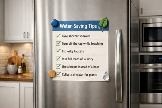 Water-saving tips list on refrigerator door. Eco friendly household checklist for water conservation. Kitchen interior concept for sustainable living and home