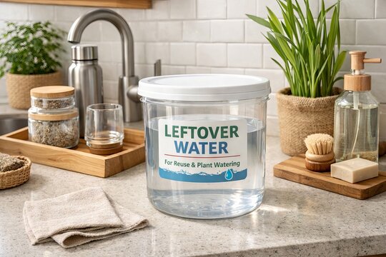 Clear plastic container with leftover water stored on kitchen counter. Concept of sustainable water recycling and eco friendly houseplant