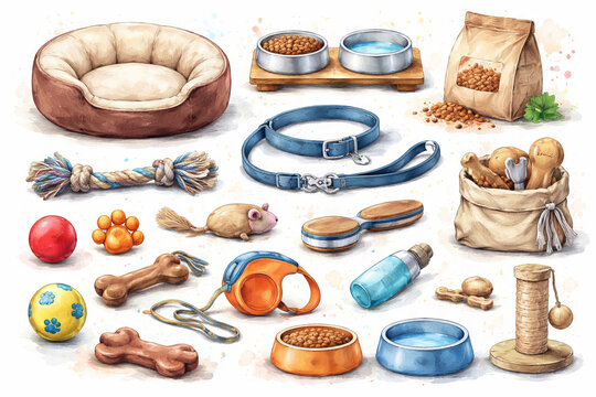 SET - Watercolor illustration of pet accessory collection isolated on white background. Set of dog and cat supplies including bowl, toy, bed, leash, food bag for pet
