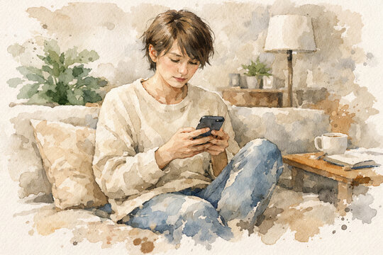 Watercolor illustration of a young woman sitting on a sofa and using a smartphone. Relaxed girl lifestyle, browsing social media or texting at home. Concept of digital communication and cozy leisure