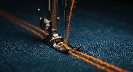 Sewing machine stitching blue fabric.