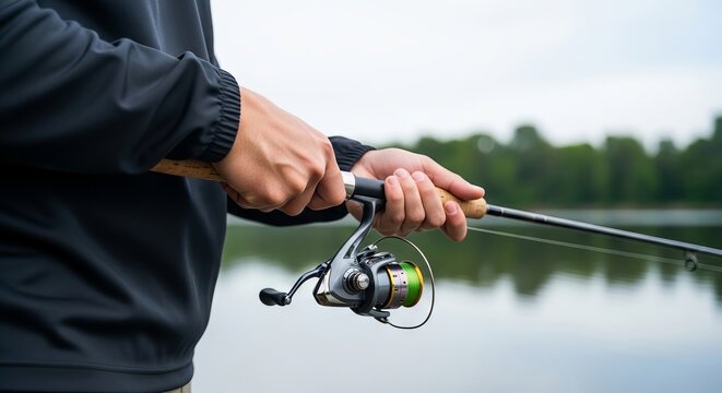 Man holding fishing rod with reel while standing by lake. Fisherman waits for catch in summer. Outdoor leisure activity, relaxing hobby and recreational sport in nature. Close up of hands on gear