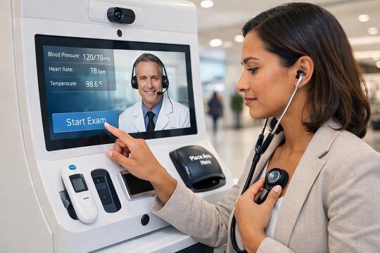 Healthcare professional using digital health kiosk for medical examination. concept of innovative medical technology, telemedicine, remote patient monitoring, healthcare innovation
