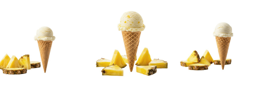 Pineapple Ice Cream Cone with pineapple slices (Ananas comosus) on white floor. SEO: Tropical Pineapple Gelato, Helado de Pi&ntilde;a, Ananaseis, Exotic Summer Treat, Acidic Sweet Dessert.