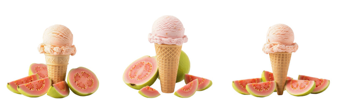 Guava Ice Cream Cone with guava slices (Psidium guajava) on white floor. SEO: Tropical Guava Gelato, Helado de Guayaba, Guaveneis, Exotic Pink Fruit Dessert, Sweet Summer Snack.