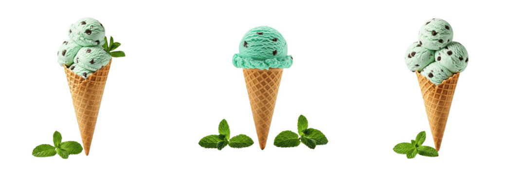 Mint Ice Cream Cone with fresh mint leaves (Mentha) on white floor. SEO: Refreshing Mint Gelato, Helado de Menta, Minzeis, Cool Herbal Dessert, Garden Fresh Snack, Peppermint Treat.