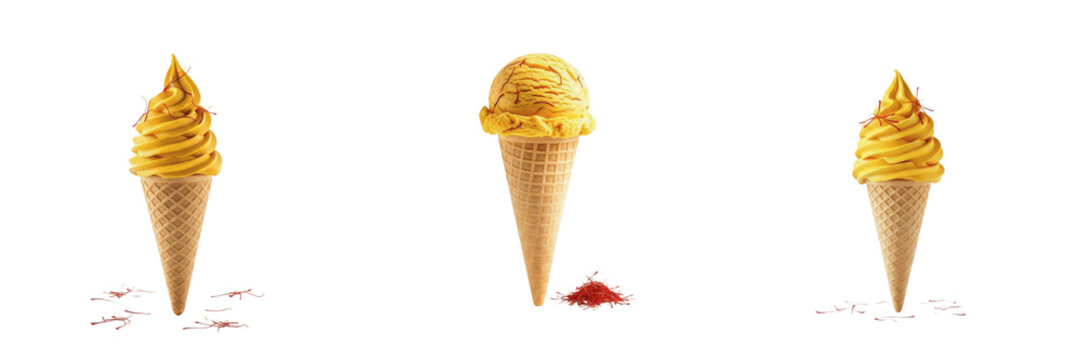 Saffron Ice Cream Cone with saffron strands (Crocus sativus) on white floor. SEO: Persian Saffron Gelato, Helado de Azafr&aacute;n, Luxury Spice Dessert, Golden Thread Snack, Expensive Sweet Treat.