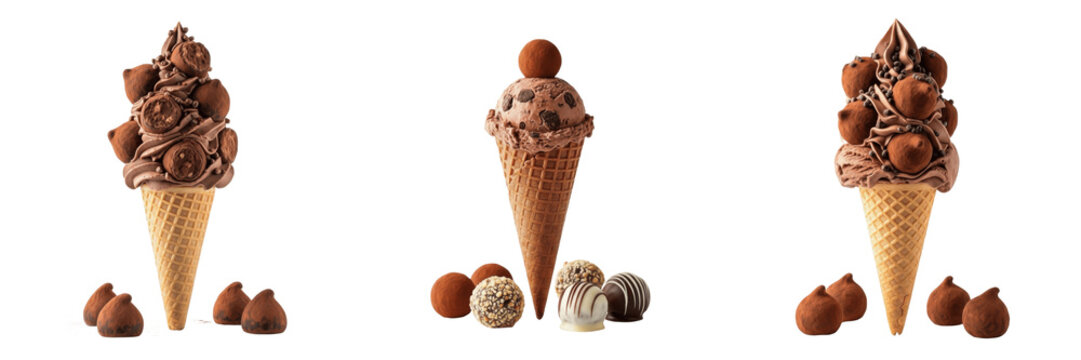 Chocolate Truffle Ice Cream Cone with truffles on white floor. SEO: Luxury Chocolate Truffle Gelato, Helado de Trufa de Chocolate, Cocoa Ganache Dessert, Gourmet Snack, Rich Sweet Treat, Cone.