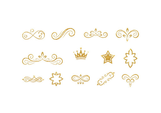 Golden vintage swirl ornaments and crowns png on transparent background