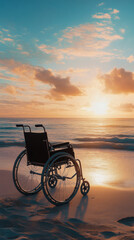 Fototapeta premium A deeply emotional scene of an empty wheelchair facing the ocean, symbolizing absence and release. Powerful for healthcare, aging, and end-of-life storytelling.