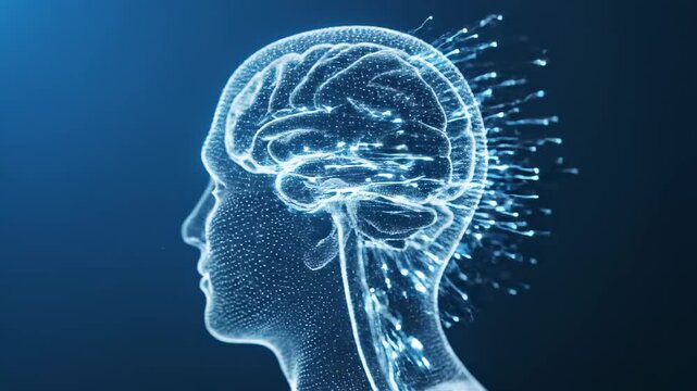 This visualizes a human head with a brain and neural connections in blue digital light, representing face recognition technologies and biometric identification systems.
