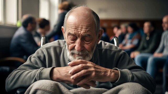 Tired elderly man sitting in refugee shelter. Aged male refugee at evacuation center. Humanitarian crisis, disaster aftermath, displaced victim, sorrow, waiting.