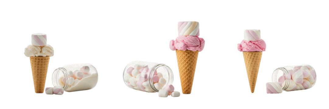 Marshmallow Fluff Ice Cream Cone with Fluffy Jar on White Floor, Glace Guimauve, Helado de Malvavisco, Spreading Cream, Soft Dessert, White Fluff, Professional Food Shot