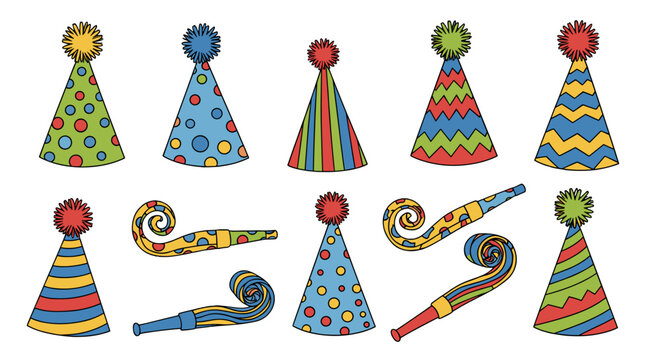 Collection of colorful party hats and noisemakers for joyful celebrations