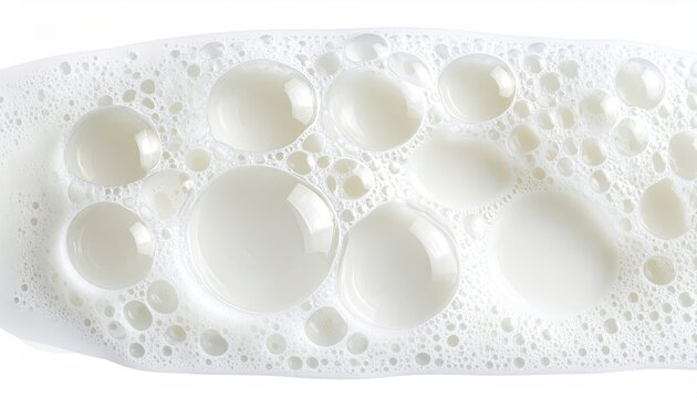 Close-up of thick white creamy foam with large bubbles forming dense layer creating rich texture and smooth surface on clear backdrop