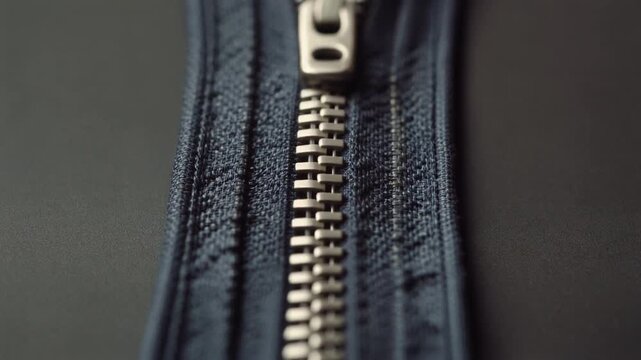 A detailed close-up shot of a sturdy metal zipper on a dark, textured fabric, highlighting the intricate mechanism and robust design of this essential fastening component