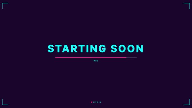 bold neon cyan text on dark purple background, live stream starting soon screen in flat vector style for social media and online events