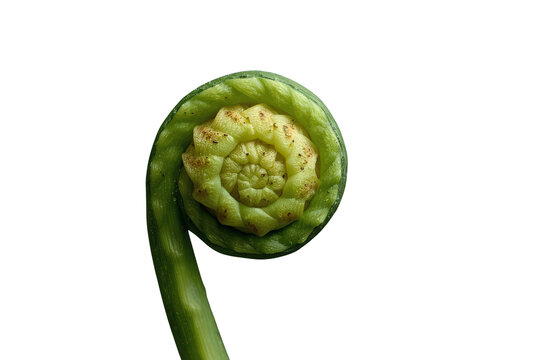 Green fiddlehead fern unfurling, showcasing a natural spiral pattern and fractal growth, symbolizing new life and organic shape. Transparent background
