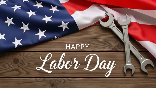 American flag with metal wrench tool on wooden table for Labor Day. Celebration of worker contribution and national holiday concept for United States patriotic event.