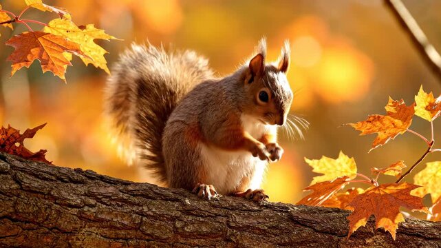 This captures a squirrel standing on a tree branch, surrounded by vibrant autumn leaves. The scene showcases the beauty of nature and the agility of the squirrel.