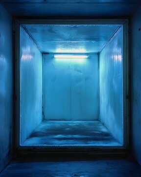 Empty Room With Blue Fluorescent Light and Water Droplets on Walls