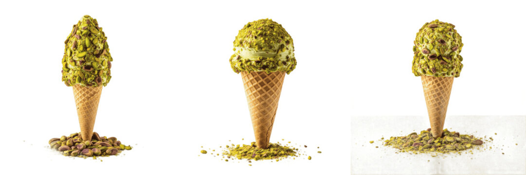 Pistachio Flakes Ice Cream Cone with Nut Shavings on White Floor, Glace Pistaches Hach&eacute;es, Helado de Pistacho Picado, Pistacia vera, Green Garnish, Luxury Nut