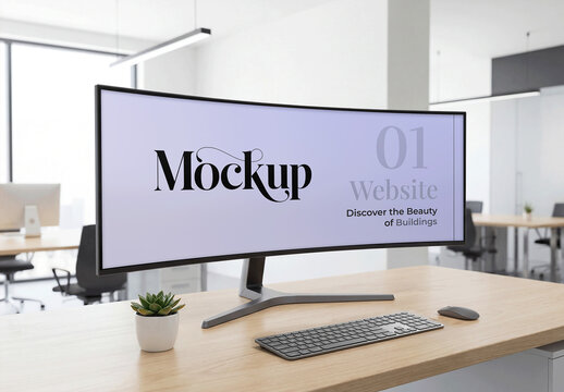Curved Monitor Office Desk Mockup
