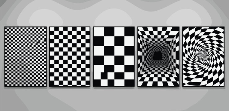 Abstract graphic series showcasing checkerboard patterns' evolution, from basic grids to complex optical illusions with dynamic swirling and distorted effects