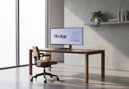 Desktop Monitor Wooden Desk Mockup
