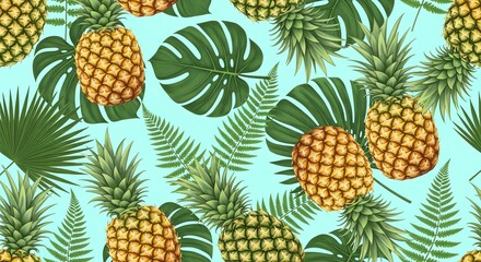 Fototapeta premium Tropical Pineapple and Palm Leaf Pattern.