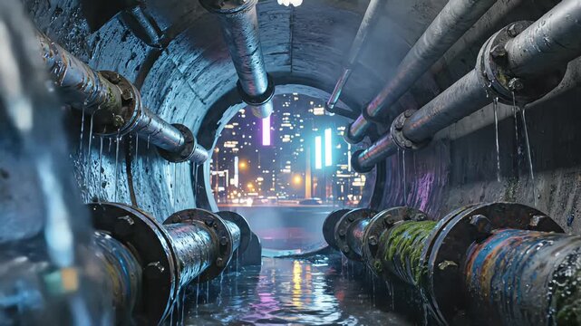 Cinematic view inside a leaky concrete sewer tunnel with rusty pipes and moss looking out towards a glowing neon cyberpunk city skyline at night with splashing water effects